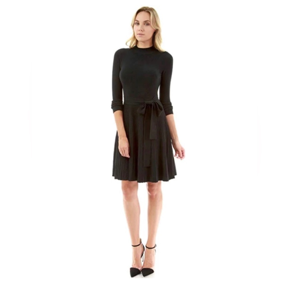 Mock neck, long sleeve, black, flare sweater dress.